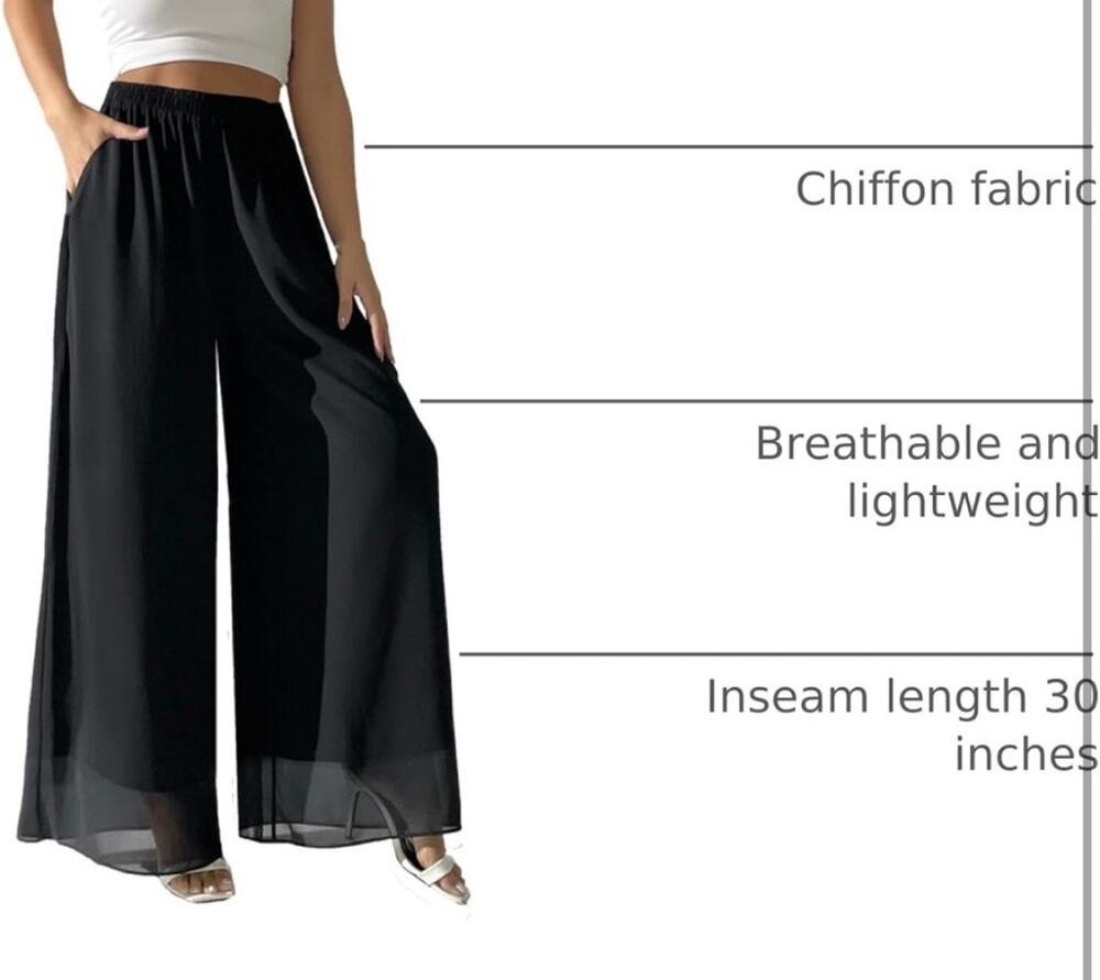 Black Chiffon Wide Leg Palazzo Pants Elastic Waist Trouser- Pockets